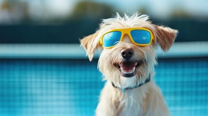 This trendy dog sporting bright sunglasses stands by the pool, exuding a fun and carefree vibe that perfectly captures summer fun and playful pet personality.
