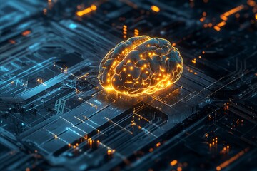 Glowing brain connected to futuristic digital network - digital knowledge transfer, artificial intelligence learning, smart education, online learning