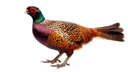 Young Male Pheasant in Autumn Setting, Captured in Studio Against a White Background
