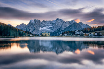 Beautiful view over lake Misurina (Lago di Misurina) in Italian Dolomites with Sorapis mountain...