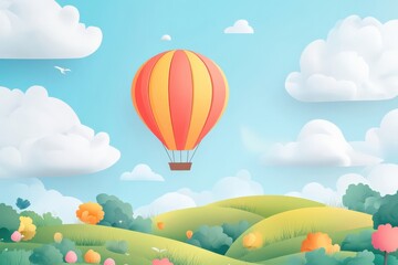 Naklejka premium Hot air balloon flying over green hills and colorful trees in paper cut style