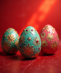 Fondo rojo con huevos de Pascua decorados artesanalmente