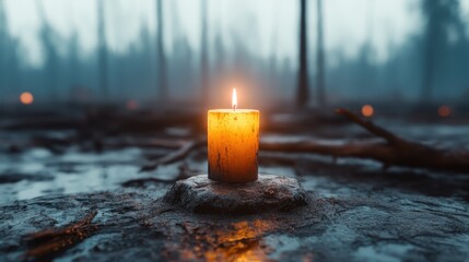 A warm flickering candle, surrounded by a misty, fog-laden forest setting, illuminates the dark atmosphere, symbolizing hope and resilience in nature's depths.