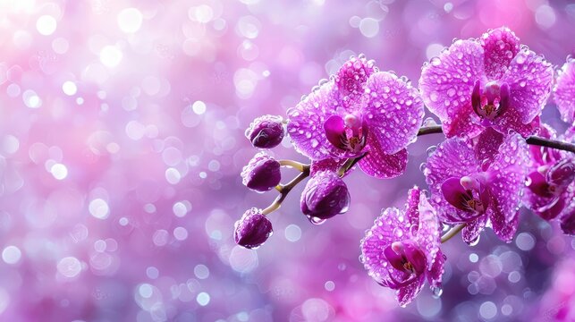 Pink orchids with dew drops, garden bokeh background, nature beauty, website banner