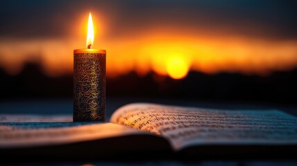 Candle on open book at sunset