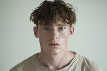 Fototapeta premium The camera captures a portrait of an attractive young man with short hair and blue eyes, who is wearing a beige t-shirt and standing against a plain white background with a smile on his face