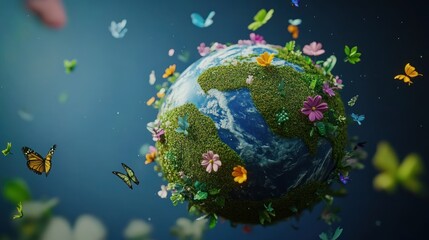 Earth covered in flowers and butterflies