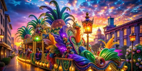 Fototapeta premium Vibrant Mardi Gras float adorned with colorful feathers and sequins amidst a whimsical cityscape at dusk, cityscape, colorful feathers