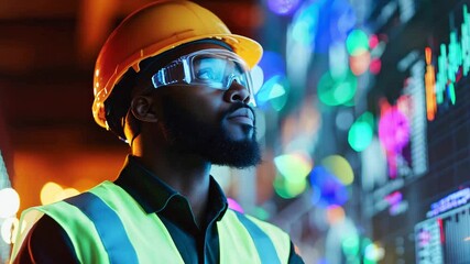A black man engineer wearing safety gear focuses on digital displays at a control center, analyzing performance metrics during nighttime operations