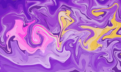 Abstract background, swirling patterns of bright colors. Shades of purple, pink and yellow seamlessly mix and intertwine with each other. Movement and energy, liquid paint, marble texture.