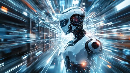 An advanced robotic humanoid is positioned amid digital streaming data