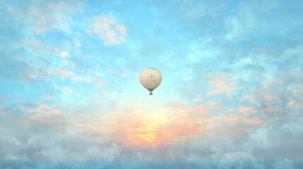 The Hot Air Balloon Soars Over the Beautiful Blue Cloudy Sky