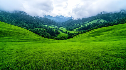 Fototapeta premium Lush green valley, misty mountains, scenic view, nature background, travel photography