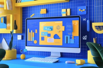 Obraz premium Graphic layout showcasing advertising concepts for online platforms on a vibrant desktop