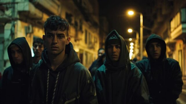 A young man with a defiant expression stands in the foreground, surrounded by a group of hooded youths on a dimly lit urban street at night.	