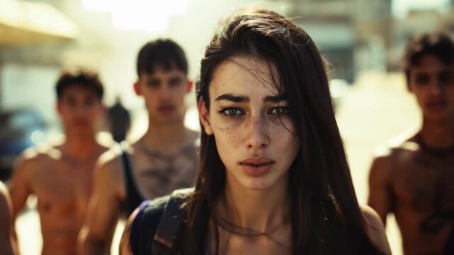 young caucasian woman worried and scared, harassed and chased by a group of delinquent immigrant individuals	