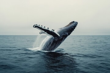 A massive humpback whale breaches above the ocean water surface