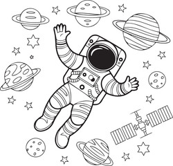 Cute Black and White Astronaut in Space black silhouette line art vector coloring book page design 