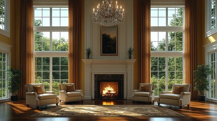 Luxurious sun-drenched living room with fireplace and tall windows