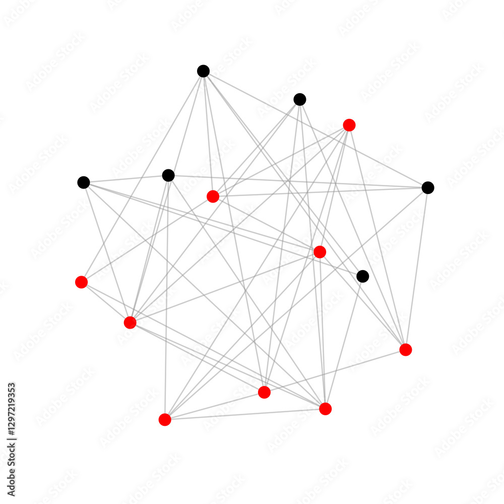 Poster abstract network visualization, isolated red and black nodes interconnected by clean lines. mathemat