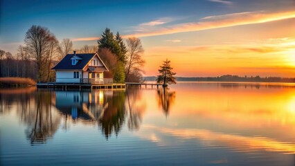 Fototapeta premium House on the lake at sunset, serene lake scene, calm water, serene lake scene