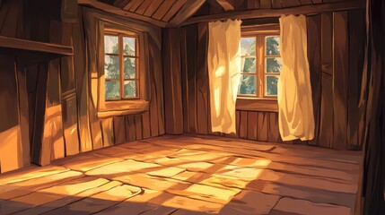 Sunlight Illuminates A Cozy Interior In An Empty Wooden Room