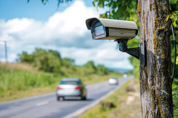 Weathered security camera mounted on a wooden pole near a rural road, monitoring passing vehicles with a blurred car approaching in the background on a sunny day