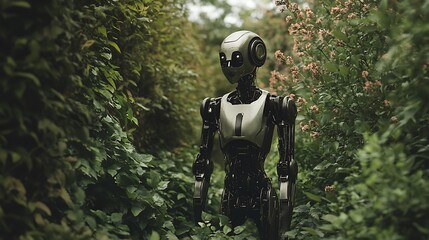 Fototapeta premium A humanoid robot standing in a lush, overgrown garden