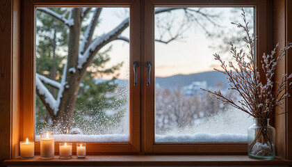 Cozy farmhouse window with snowflakes and warm light, winter serenity