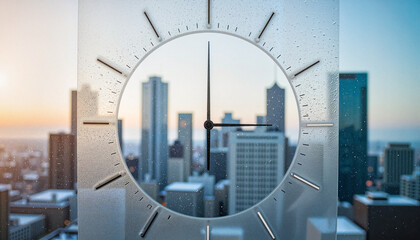 Obraz premium Icy window reflection of urban skyline at sunrise, morning tranquility