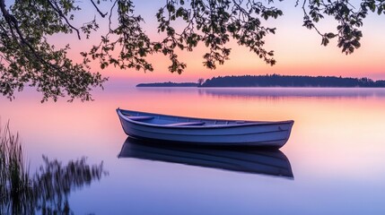 Obraz premium Serene Wooden Rowboat on Still Lake Reflecting Dawn Sky Colors