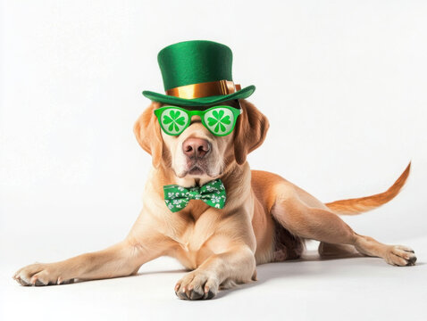 Cute dog with green hat on white background. St. Patrick's Day celebration 
