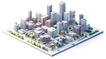 Isometric city model, urban planning, development, white background, architectural design