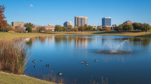 Vibrant Vista of Downtown Midland, Texas: A Sunny Day Over Wadley Barron Park's Duck Pond
