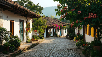 Obraz premium A peaceful village scene with cobblestone streets and houses