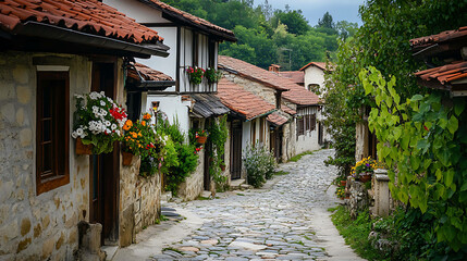 Obraz premium A peaceful village scene with cobblestone streets and houses