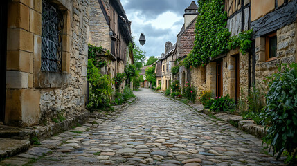 Fototapeta premium A peaceful village scene with cobblestone streets and houses
