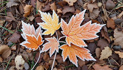 Obraz premium Cluster of frosted autumn leaves on woodland floor, seasonal beauty