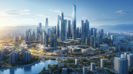 Fototapeta premium Aerial view of modern city skyline, sunrise, urban landscape