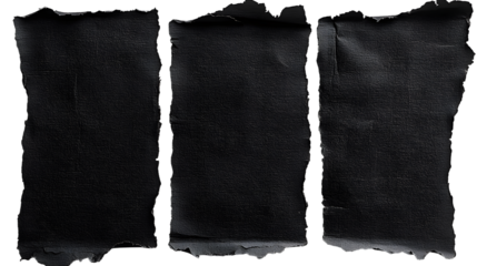 torn black pages with uneven texture edges. set of ripped black paper sheets png isolated on transparent background. document or newspaper mockup.