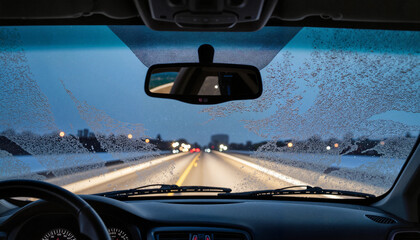 Frosted windshield reflecting abstract shapes on country road at night, winter chill