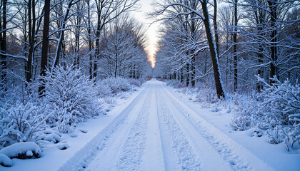 Obraz premium Snowy forest path at dusk with icy patches, winter tranquility