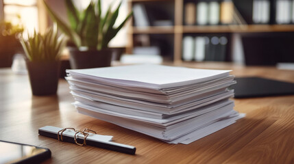 Naklejka premium A stack of business reports and documents on a wooden office desk 