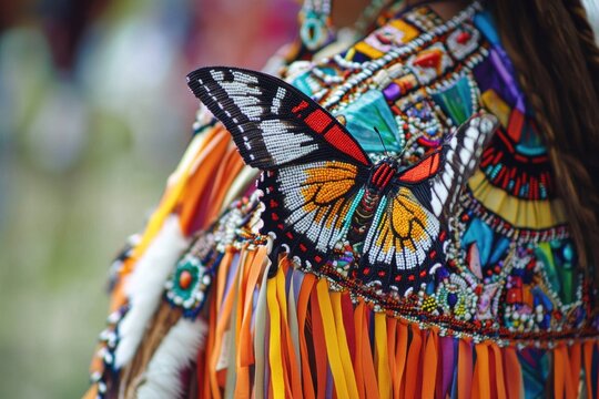 Vibrant Native American Dancer Adorned with Ribbon Shawl and Butterfly Moccasins in Colorful Beadwork Close-Up