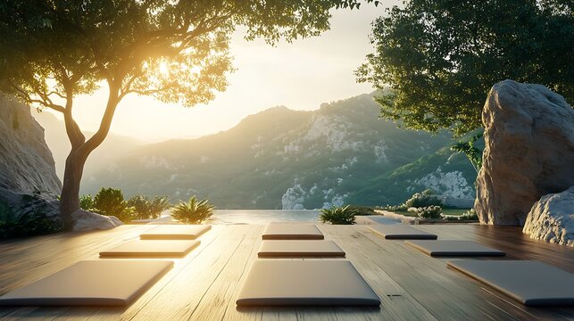 A scenic outdoor yoga class with mats and a tranquil environment