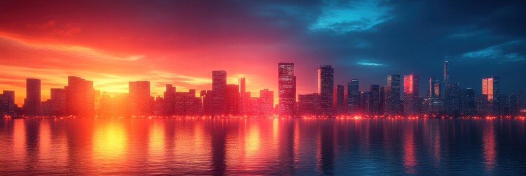 Vibrant sunset skyline reflecting on calm waters in an urban environment