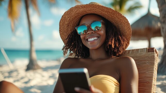 A happy woman in a sunhat and sunglasses lounges on a beach chair, smiling with her phone in hand, embodying a carefree summer lifestyle full of sunshine and relaxation.
