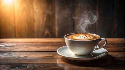 Obraz premium A steaming cup of coffee with a foam design and condensation on the glass, placed on a minimalist wooden table, illuminated by natural light, natural light, table