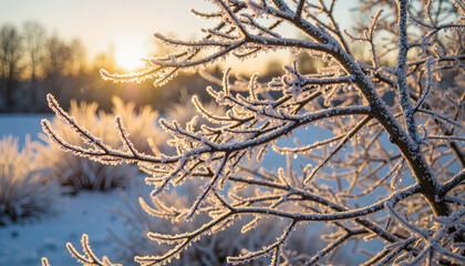 Obraz premium Intricately frosted branches illuminated by golden hour light, winter beauty