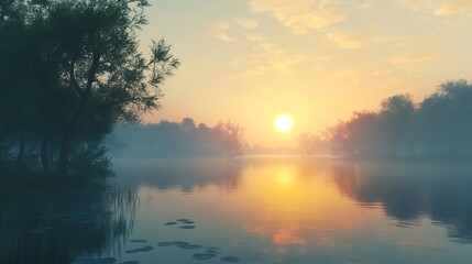 Fototapeta premium A serene sunset over a calm ocean with soft waves